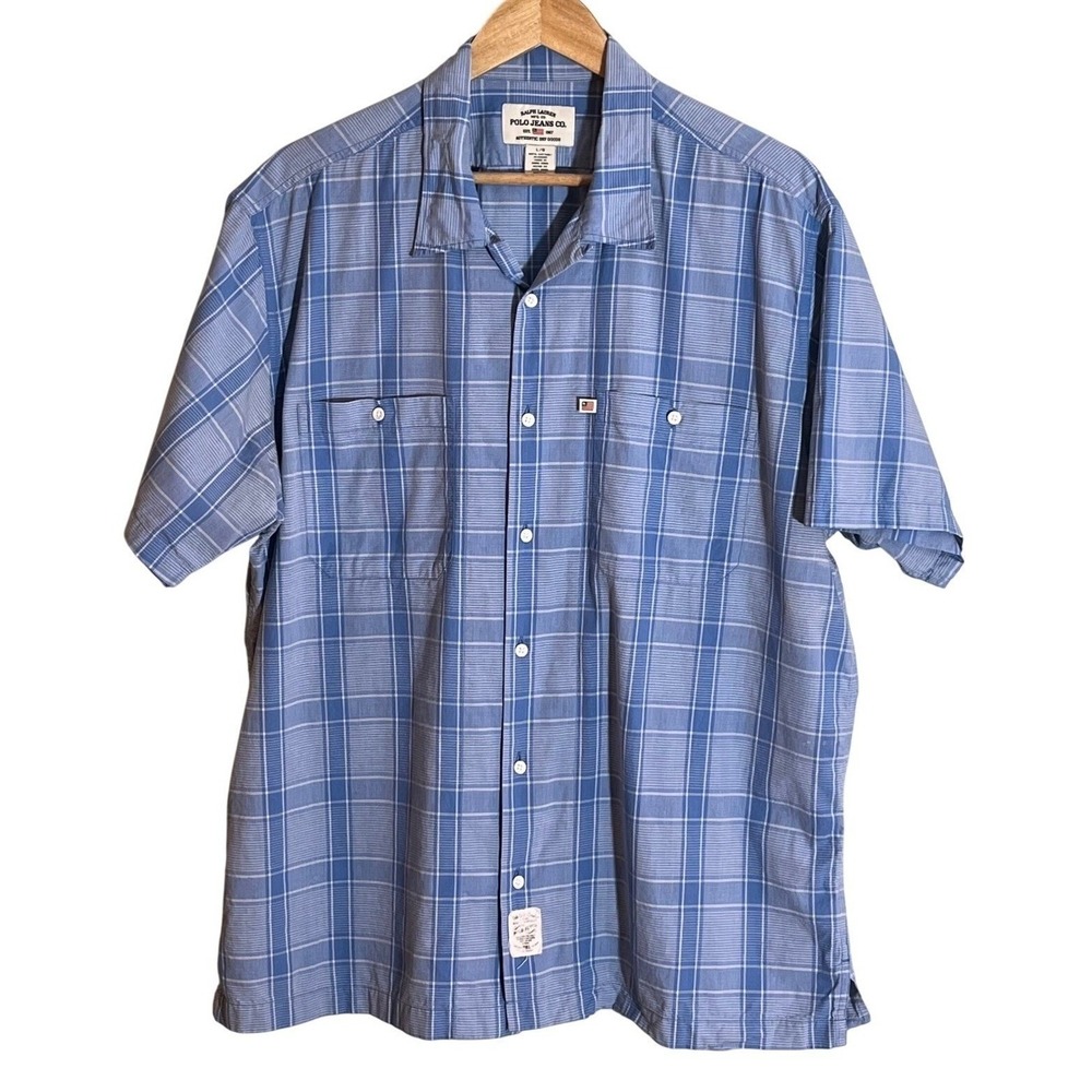 Ralph Lauren Polo Jeans Co. Blue Check Button Down Shirt Rodeo Cotton Large Mens - Picture 2 of 6